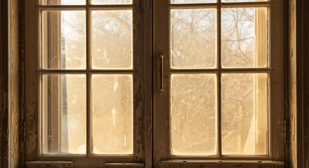 Golden light streams through old window panes. AI Generated