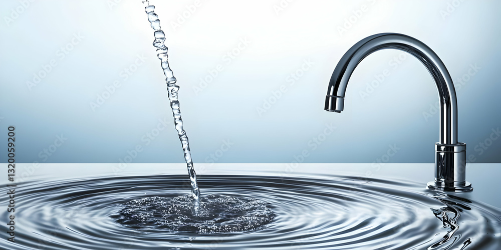 Poster 3d render of water stream flowing from faucet into a sink, creating concentric ripples, clean and mo