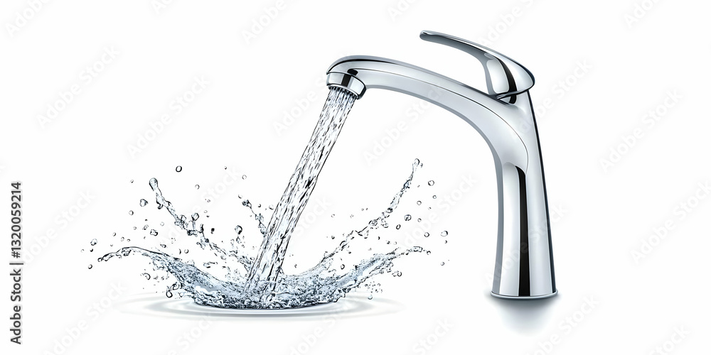 Poster 3d render of chrome faucet with water splashing dynamically