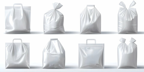 Realistic 3D Render of Various White Plastic Bags: Mockup of Shopping Bags, Grocery Bags, and Packaging Bags with Handles and Different Styles for Design and Branding.