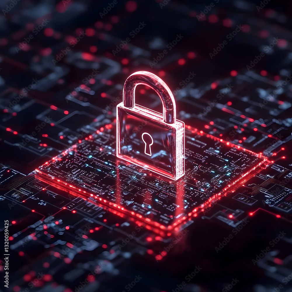 Poster abstract 3d render of a glowing padlock on a circuit board, illustrating digital security and data p