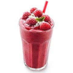 Delicious raspberry coconut smoothie with fresh raspberries and straw straw isolated on a bright white background