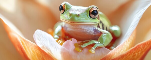 A small green frog resting inside of a flower petal