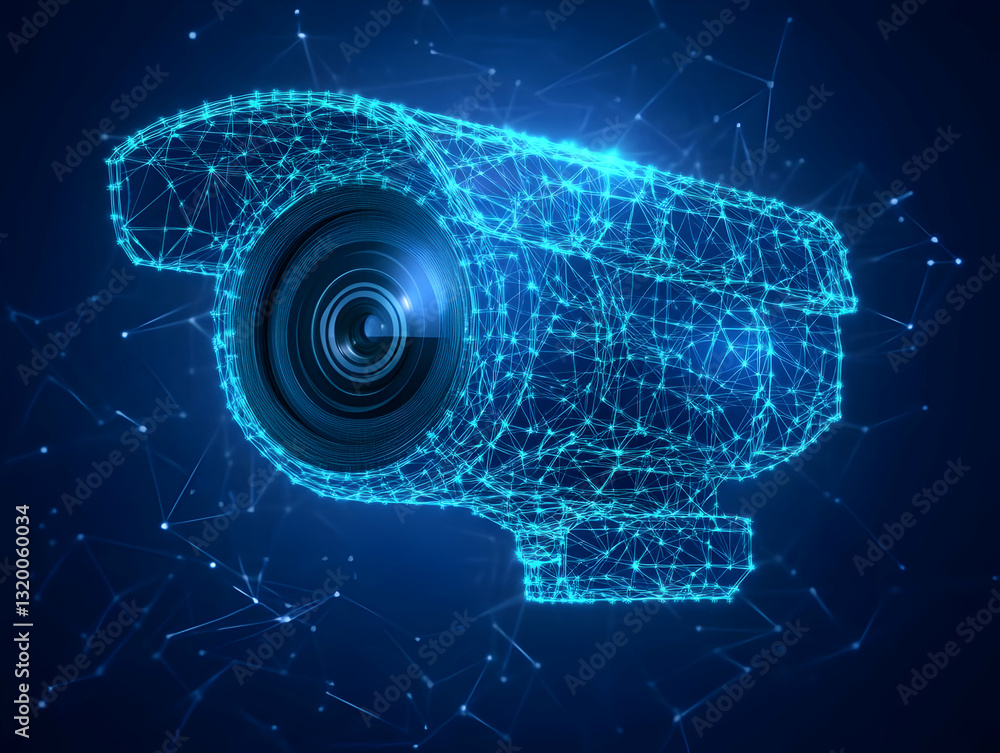 Poster abstract 3d surveillance camera model with glowing lines and nodes, digital security network concept
