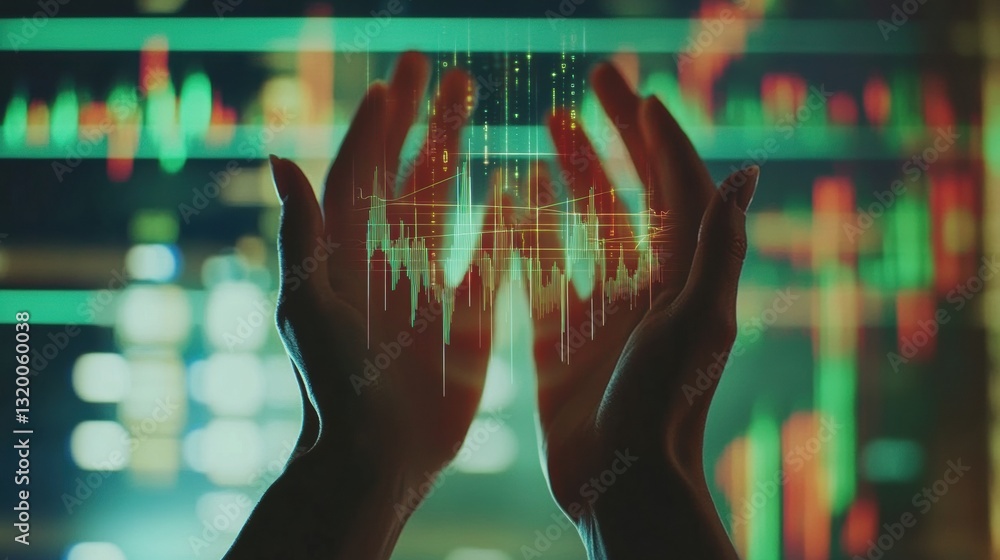 Poster visual representation of human hands integrating financial data and digital networks as ai transform