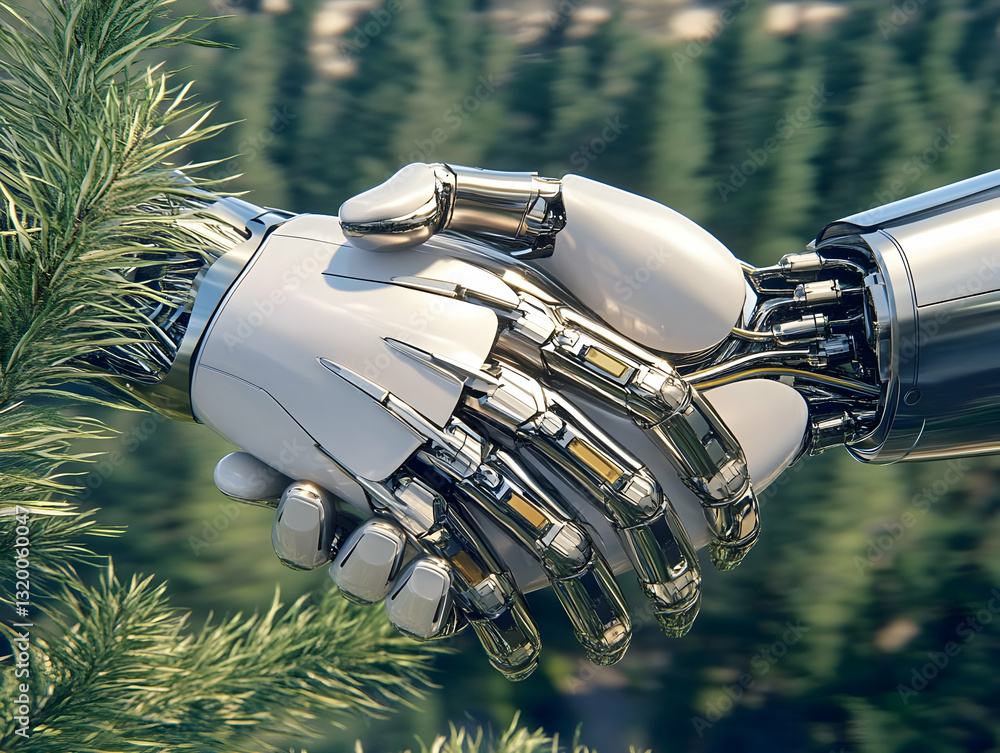 Poster 3d render of two robotic hands shaking in a forest background