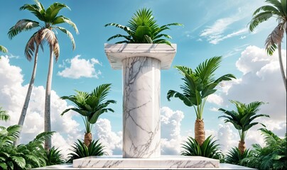 a white a marble podium,  luxury, elegant, product display on background with palm plants