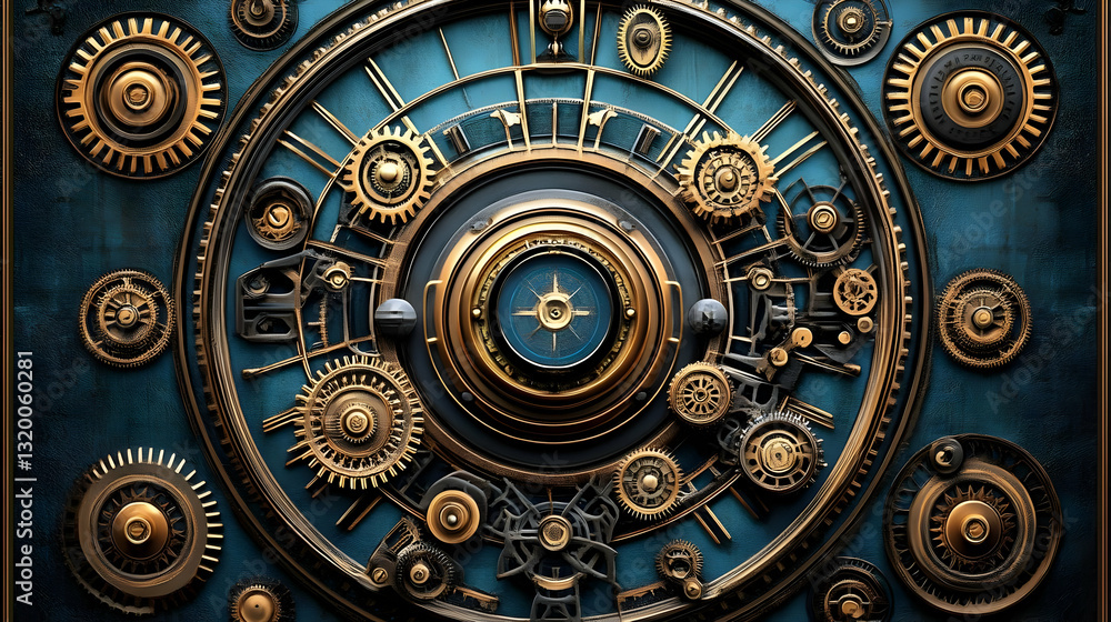 Poster intricate 3d render of a steampunk clockwork mechanism with golden gears on a deep blue background
