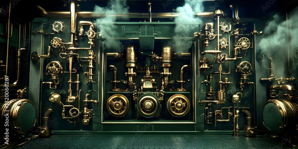 Poster steampunk-style 3d render of an intricate gold and green machine with pipes and gauges, emitting ste