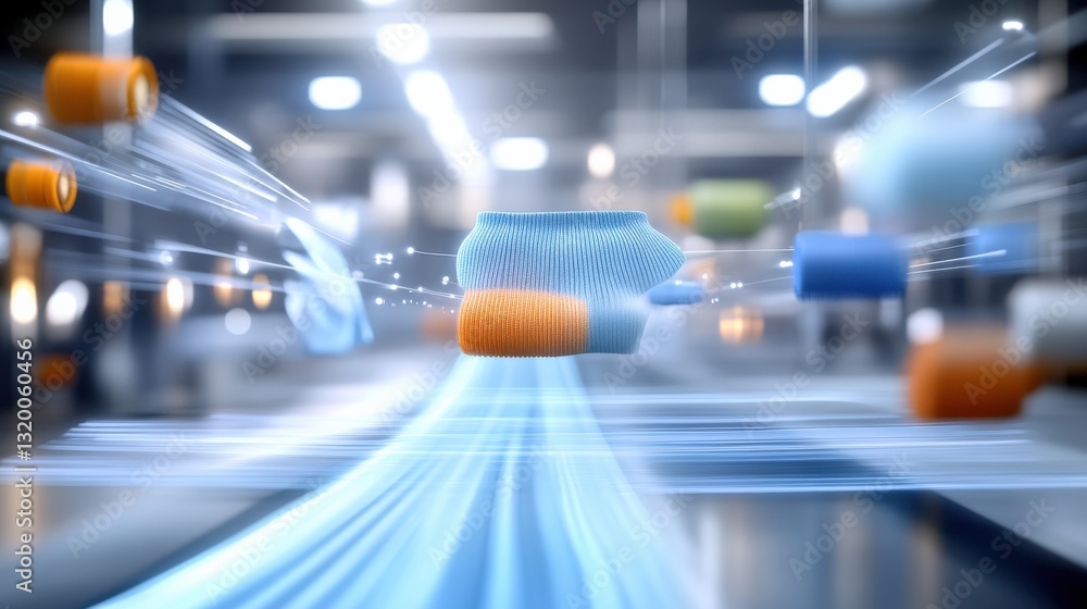 Poster dynamic textile production showcase factory setting digital animation industrial environment close-u