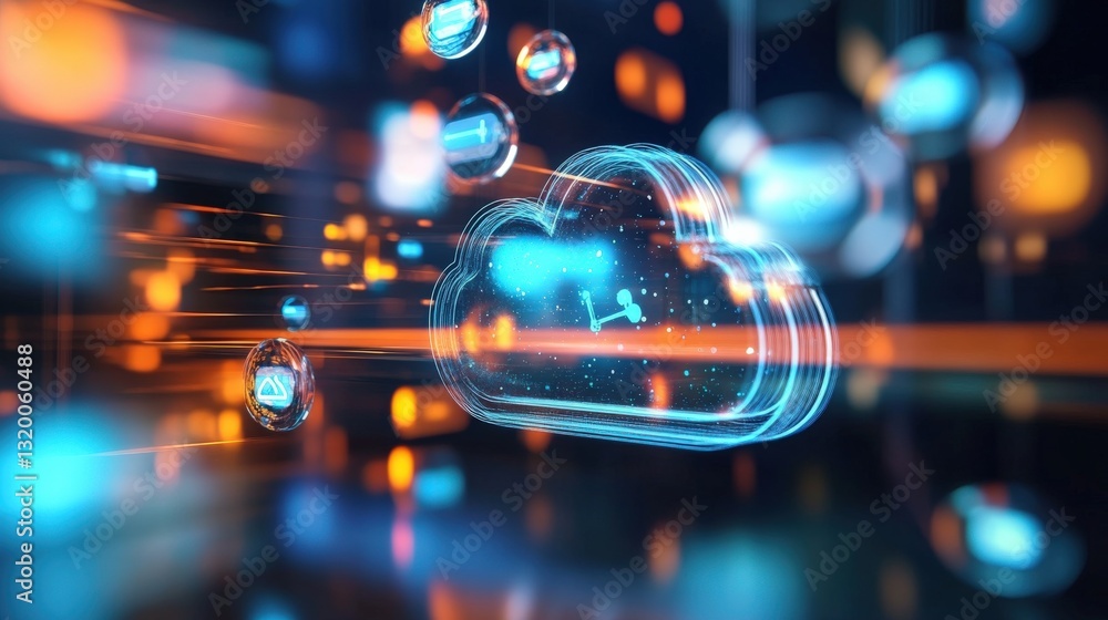Poster innovative cloud technology visualization digital space graphic design futuristic environment abstra