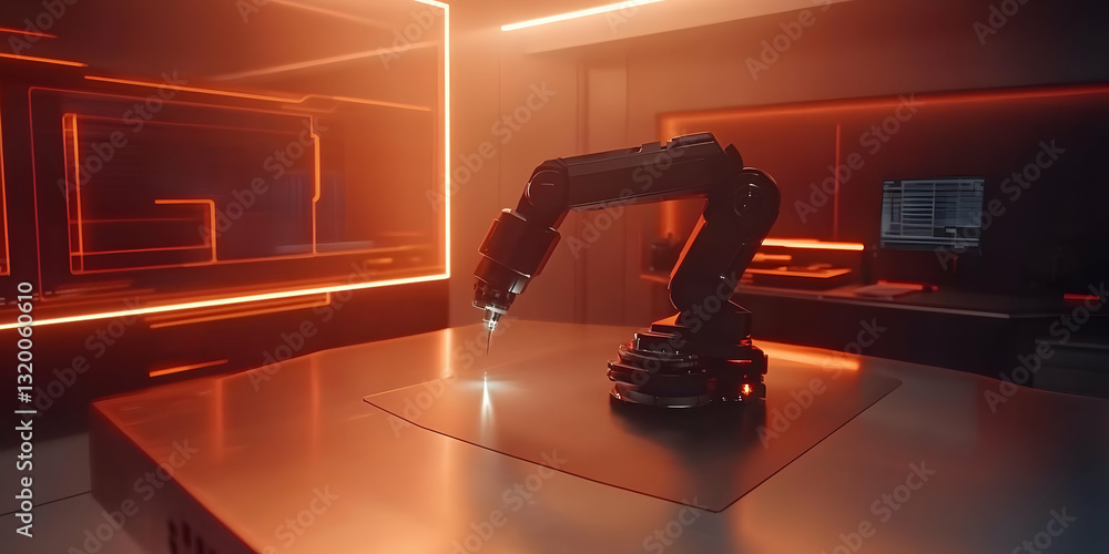 Poster futuristic robotic arm precisely works on a metal surface in a modern technological laboratory with 