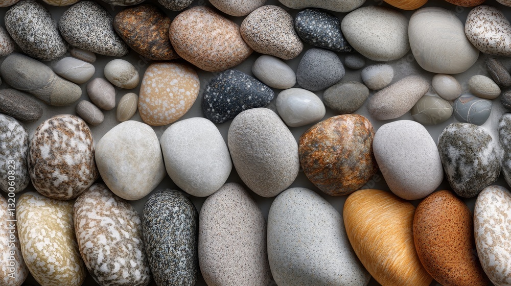 Poster many smooth rocks of different sizes and hues form a pattern