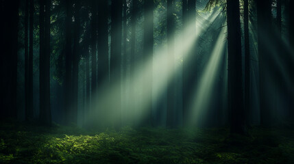 Fototapeta premium Misty morning light filtering through dense forest creates serene atmosphere