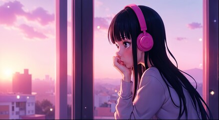 Anime Girl with Headphones Enjoying music