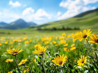 Fototapeta premium Vibrant wildflowers in sunny open space with mountains in background
