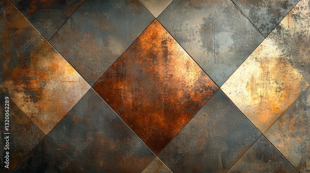 Poster textured metallic diamond tiles arranged in a repeating geometric pattern