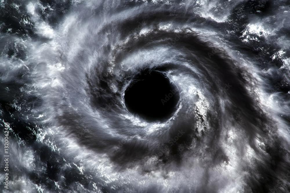 Poster abstract 3d vortex illustration: swirling gray and white clouds form a dark center, creating a drama