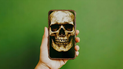 A Hand Holds Smartphone Displaying a Detailed Skull Illustration Against a Green Background