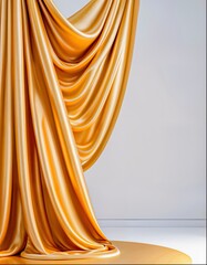 a gold fabric draping over a white podium a marble circle and a white podium,  luxury, elegant, product display