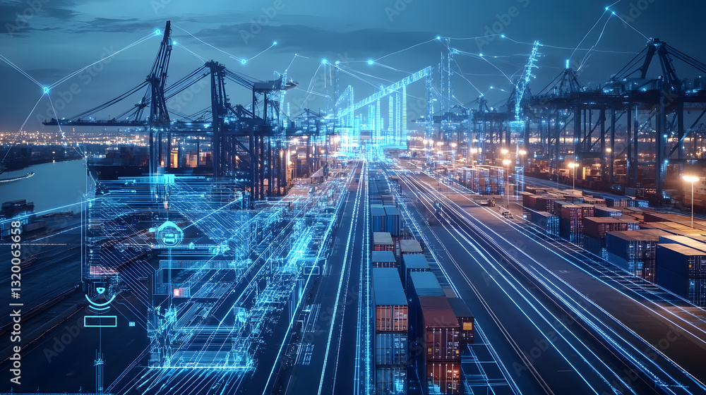 Poster ai-powered robotics revolutionizing advanced logistics hub urban port digital infrastructure nightti