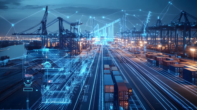 Ai-powered robotics revolutionizing advanced logistics hub urban port digital infrastructure nighttime supply chain management