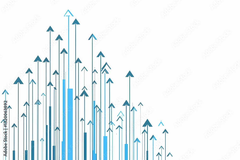 Poster abstract 3d illustration of numerous blue arrows ascending on white background, symbolizing growth a