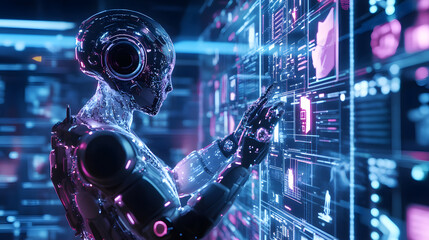 Robotic innovations in ai-driven advertising digital marketing agency futuristic environment close-up perspective