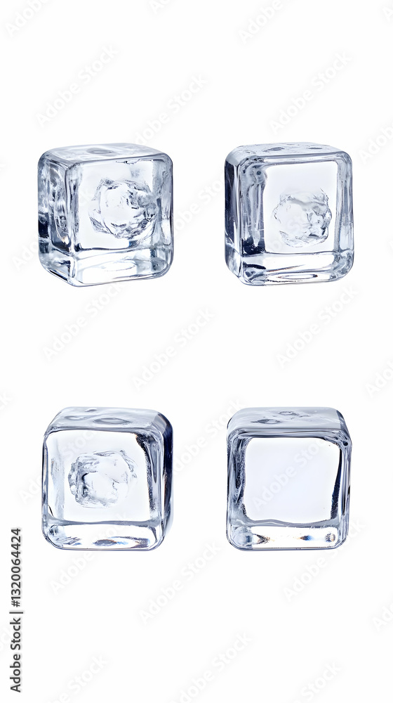 Poster four clear ice cubes isolated on white background: a collection of high-resolution images showcasing
