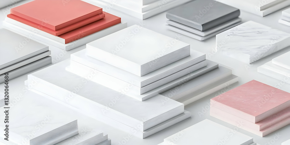 Aufkleber abstract 3d render of stacked rectangular papers and books in pastel colors on white background