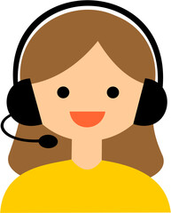Happy customer service officer with headset. Illustration of a smiling woman wearing a headset and yellow shirt, communicating with a headset