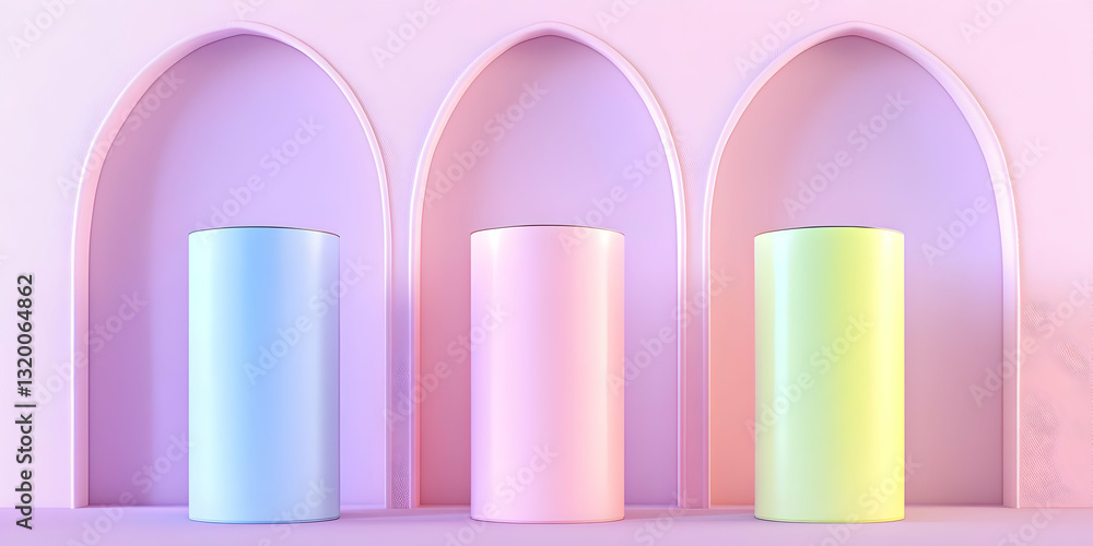 Poster pastel-colored cylindrical display stands in archway background; 3d render of abstract product prese