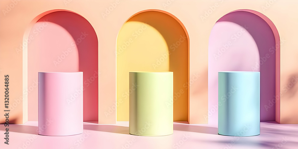 Poster pastel-colored cylindrical platforms in archway backdrop: 3d render of a minimalist product display 