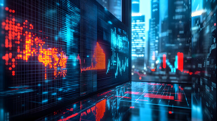 Obraz premium Revolutionizing finance robotics and blockchain-powered global stock exchange urban cityscape digital visualization