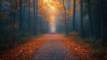 A forest path illuminated by the sun during autumn season