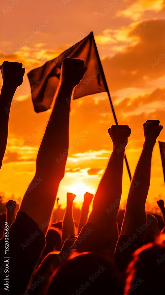 Poster silhouetted crowd raises fists in protest at sunset, demonstrating unity and collective action with 