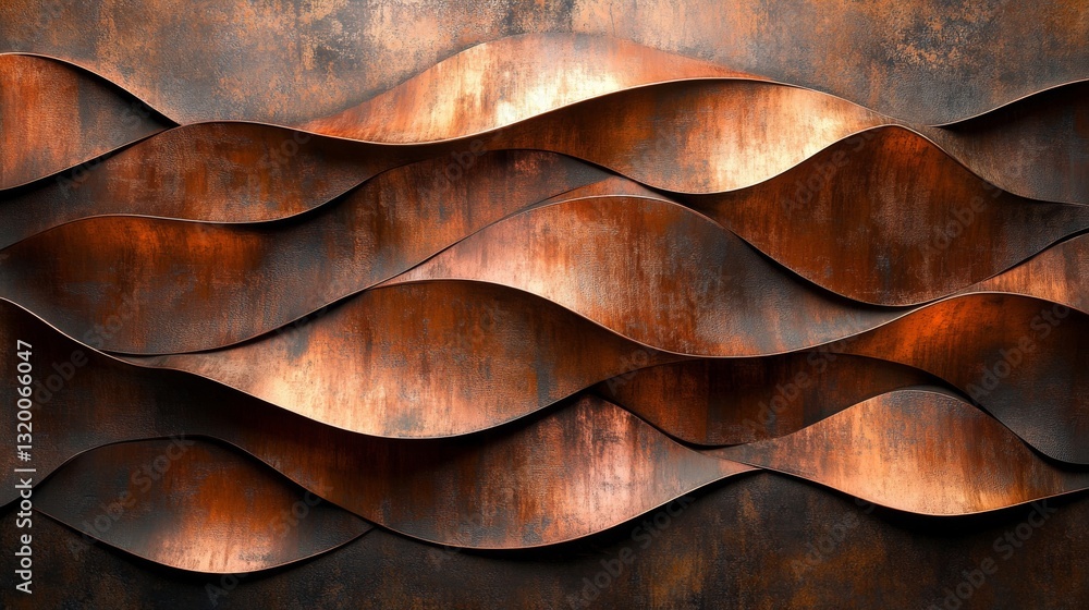 Poster layered metallic wavy panel shows textured rust color and design