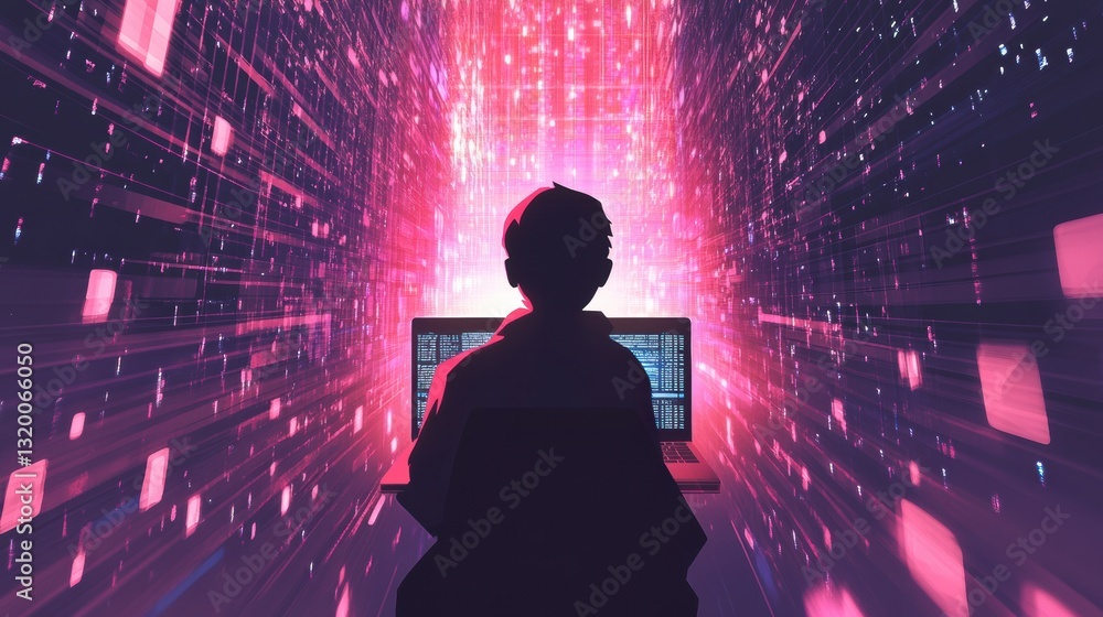 Poster student engages in virtual learning with ai technology in a digital environment featuring vibrant gr