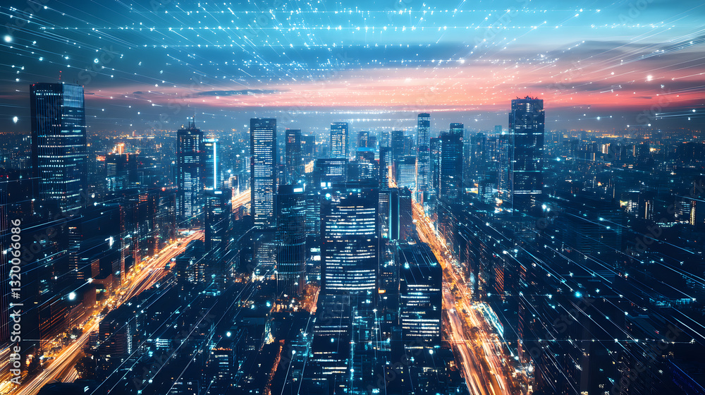 Poster integrating robotics and ai in financial district urban landscape futuristic viewpoint smart technol