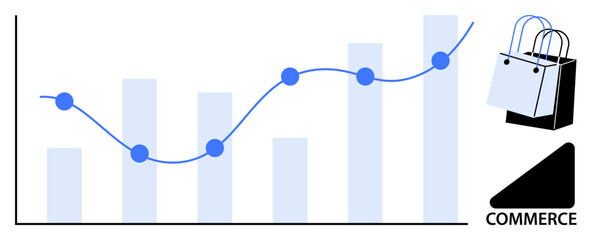 Line and bar graph showing fluctuating business growth, accompanied by shopping bags and a commerce tag. Ideal for business analytics, market trends, e-commerce insights, retail analysis, sales
