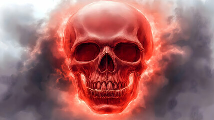 Fiery Red Skull Illustration in Smoky Abstract Background, Digital Painting of a Glowing Human Skull with Detailed Anatomy, Intensely Colored and Stylized Artwork
