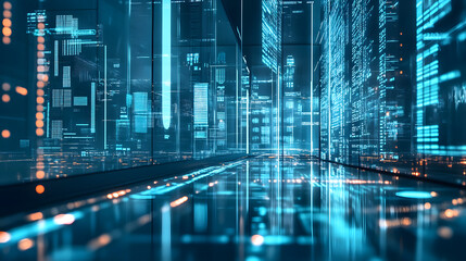 Futuristic robotics investment banking facility urban city digital environment high-tech viewpoint optimizing efficiency