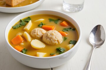 A Warm Bowl of Hearty Vegetable Soup with Dumplings, Featuring Fresh Carrots, Potatoes, and Greens on a Cozy Dining Table Setting