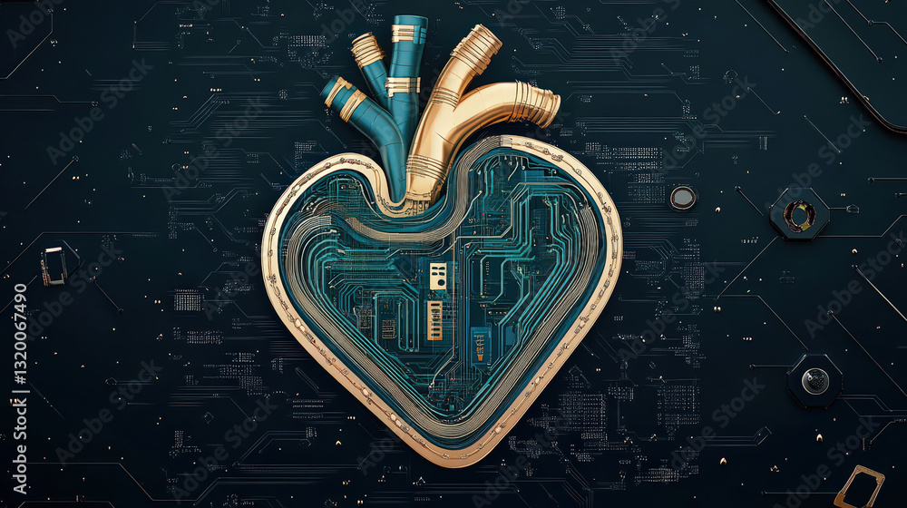 Poster digital heart design with circuit patterns and colorful pipes, symbolizing technology and innovation