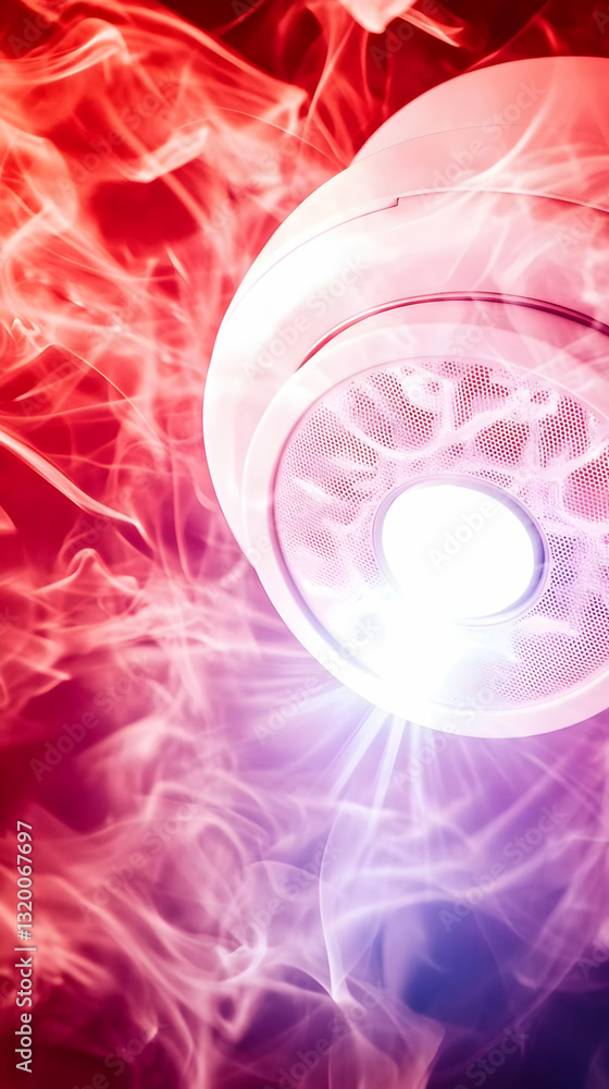 Poster abstract 3d rendering of a bright light fixture with red and pink smoke swirls in the background, cr