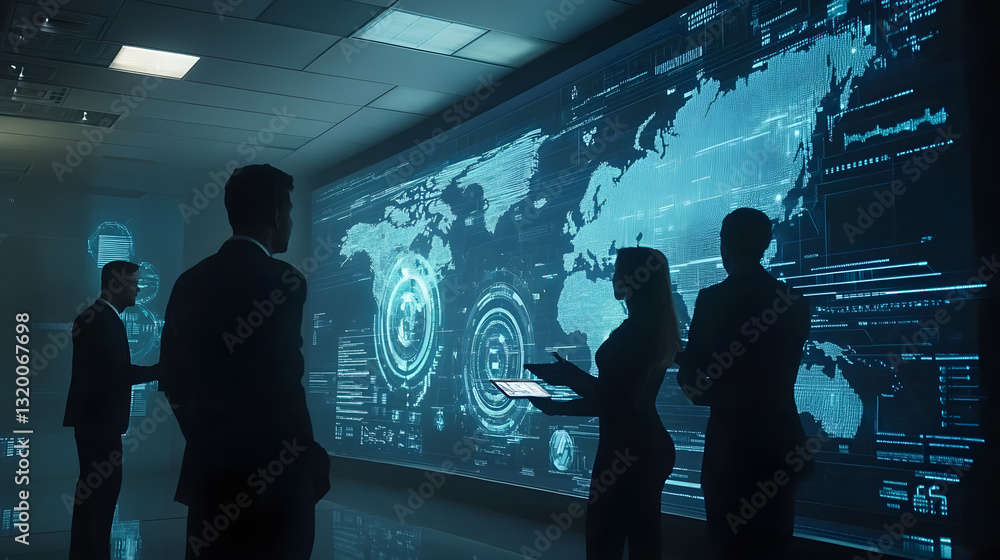 Poster innovative robotics team analyzing global data insights in corporate environment high-tech visualiza