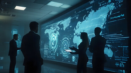 Innovative robotics team analyzing global data insights in corporate environment high-tech visualization