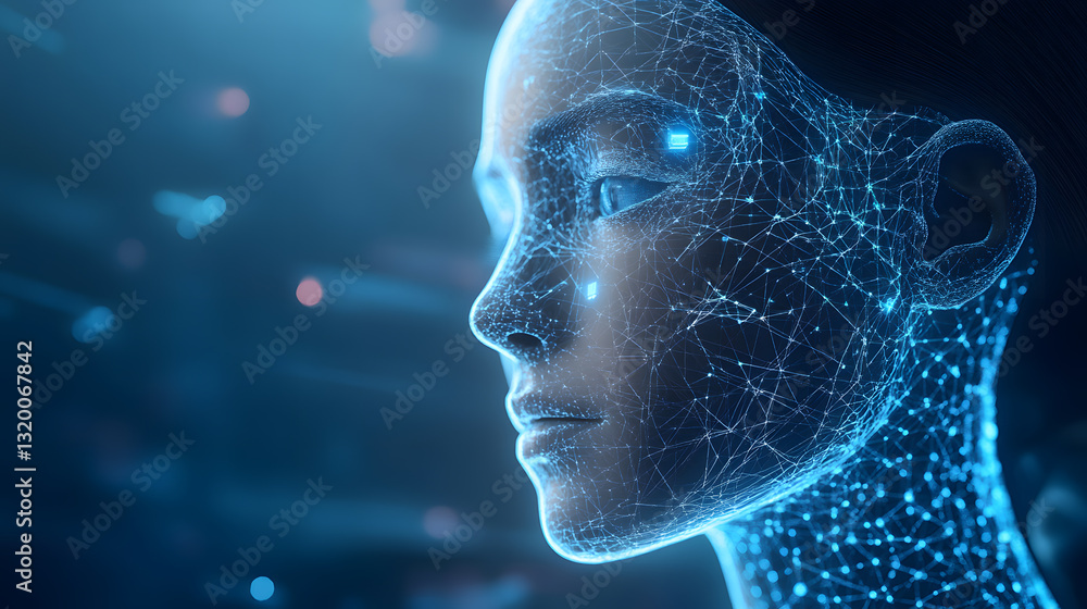 Poster advanced robotics integration in luxury headquarters featuring biometric security technology