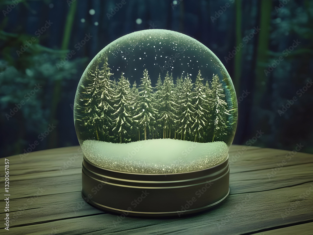 Poster 3d render of a snow globe encapsulating a snowy winter forest scene on a wooden table