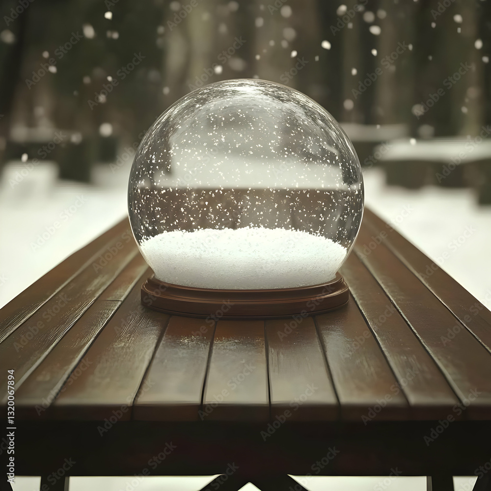 Poster 3d render of a snow globe on a wooden table with falling snow in a winter background